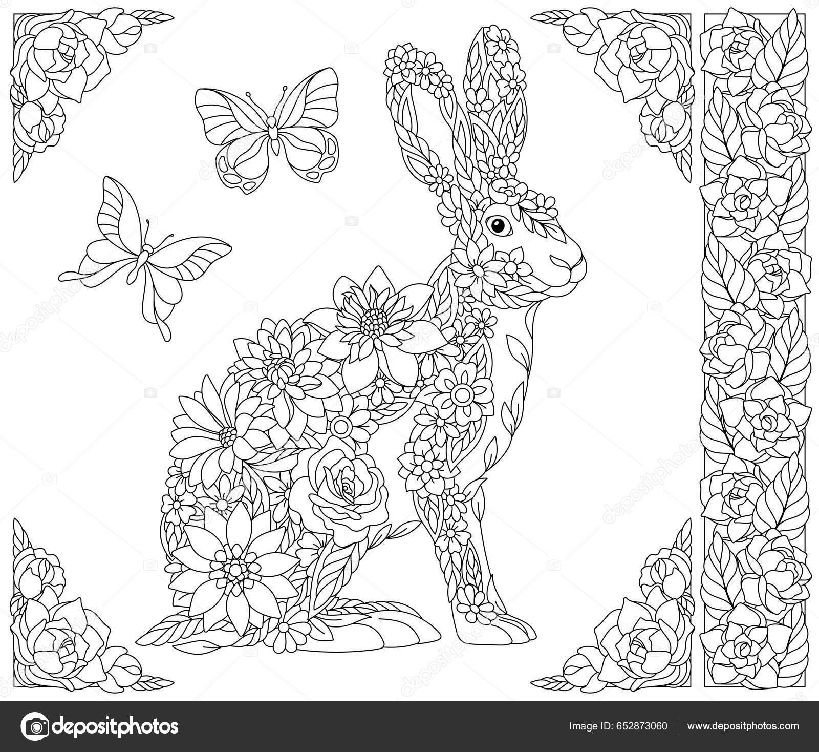 Conejo floral libro para colorear para adultos pãgina con animales vector de stock por sybirko