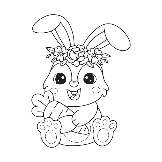 Premium vector cute bunny in a flower crown hand drawn coloring page