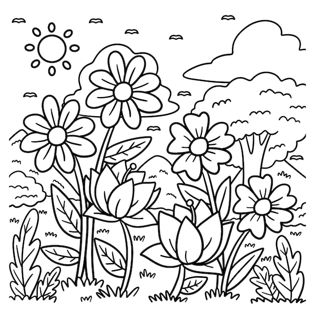 Premium vector spring flowers in a field coloring page for kids
