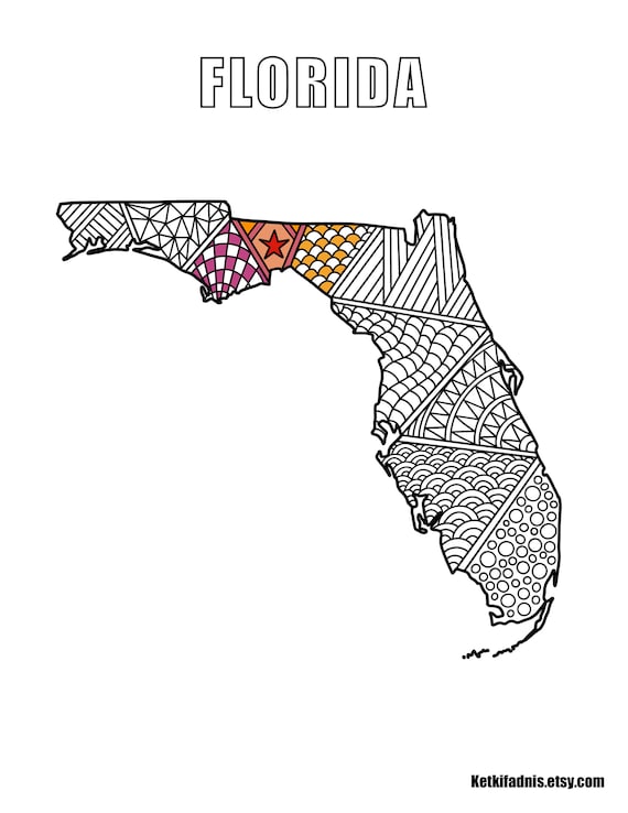 Florida map colouring page digital download pdf zentangle colouring page