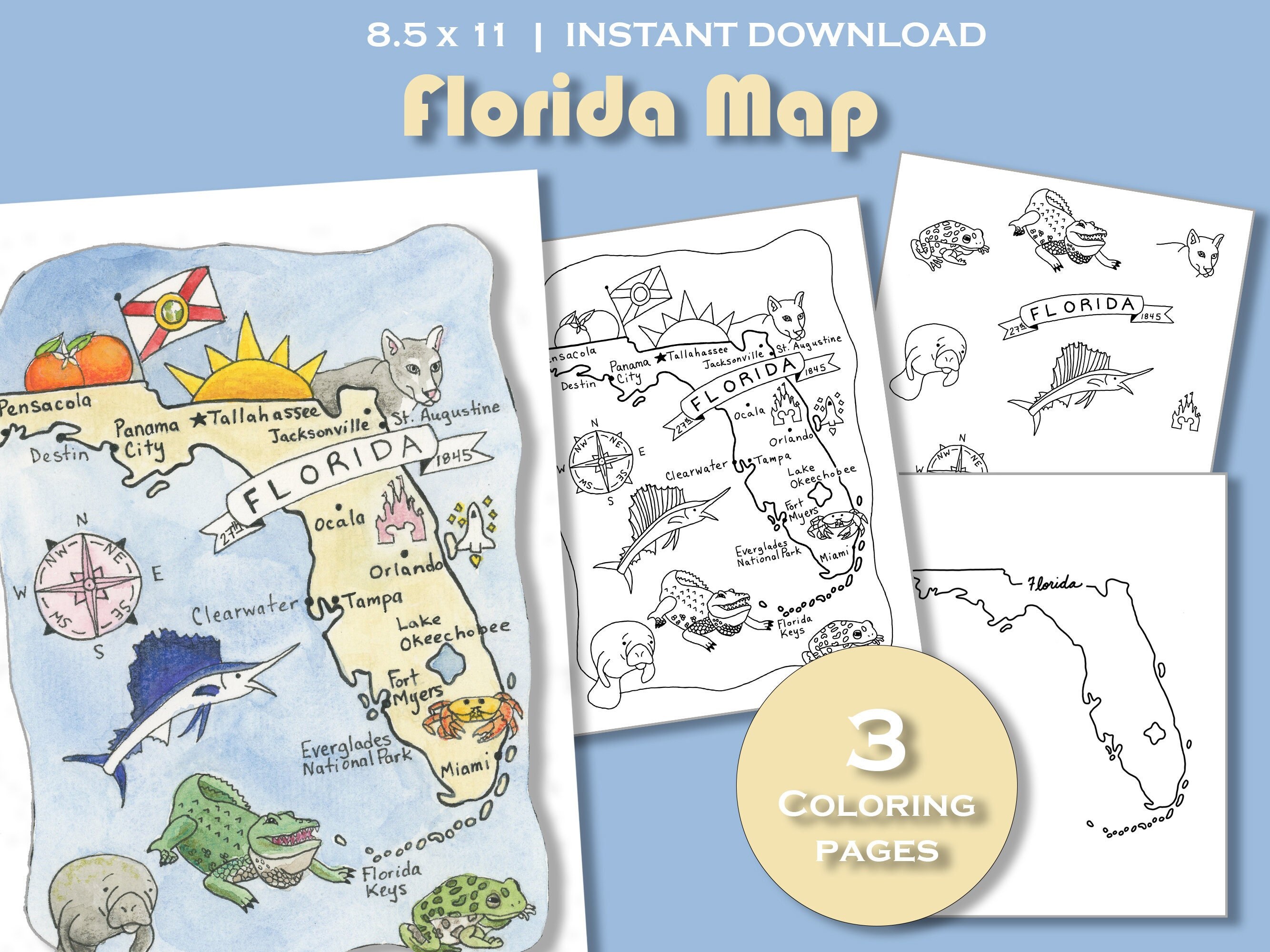 Florida coloring page florida state map florida printable packet florida state symbols florida travel poster print