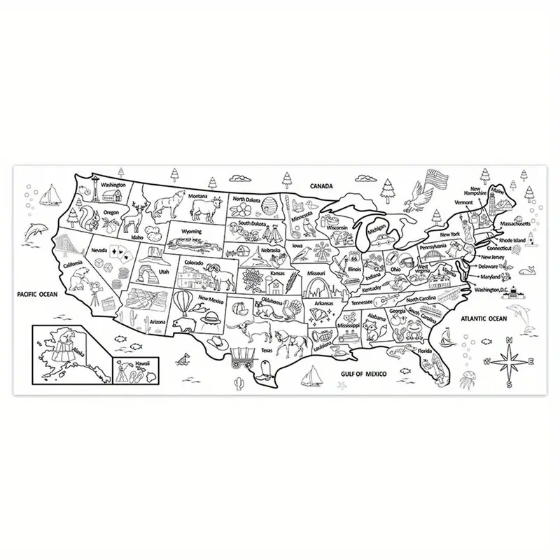 Hand drawn coloring poster of usa map for students large