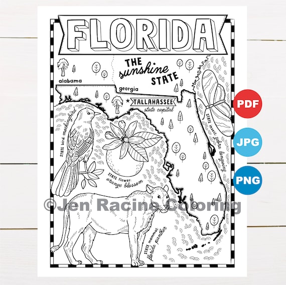 Florida coloring page united states state map wildlife state symbols flowers coloring pages instant download