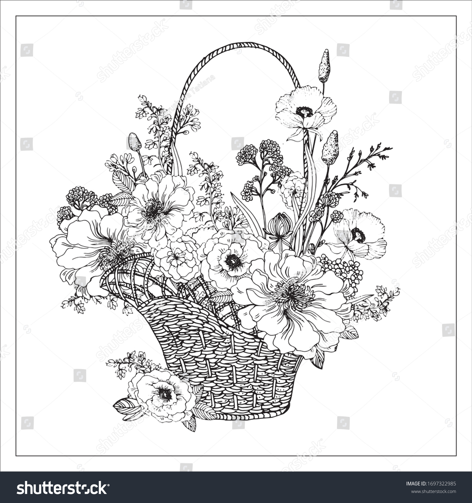 Coloring pages adults childrenbouquet flowers basket stock vector royalty free