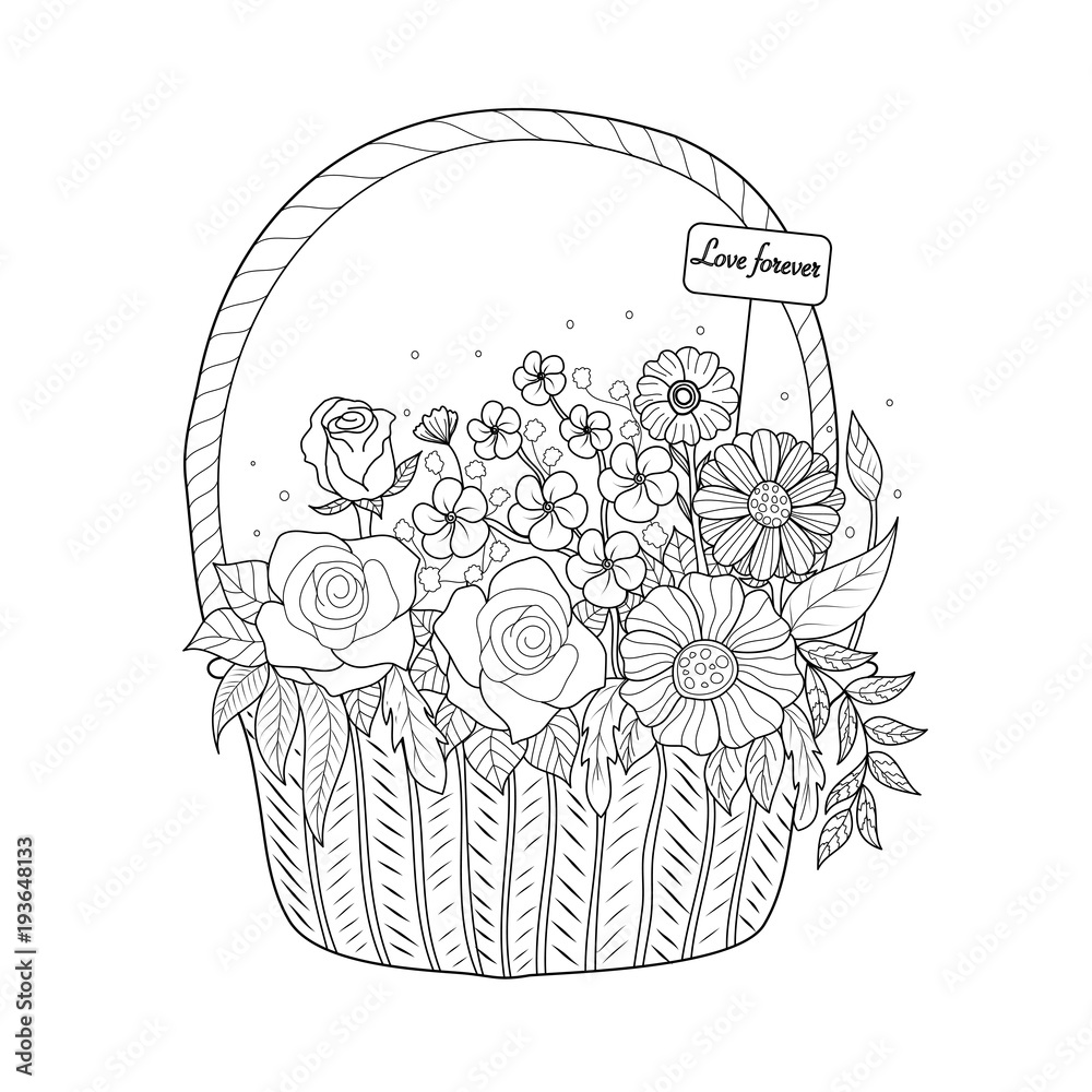 Coloring book page of flower basket for adultvalentines day vector illustration hand drawn doodle style vector