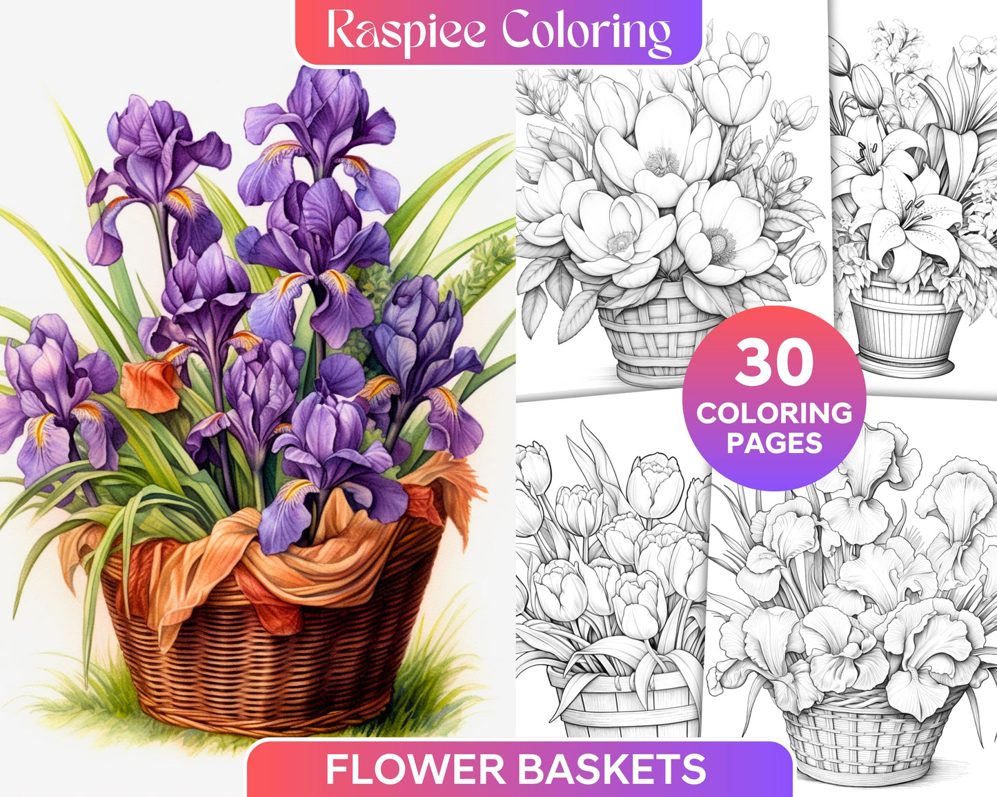 Flower baskets grayscale coloring pages for adults pdf file instan â coloring