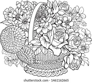 Basket different flowers coloring page stock vector royalty free