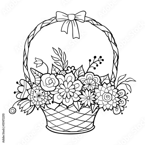 Basket of flowers with handle decorated with ribbon and bow black and white outline vector illustration coloring page for adults vector