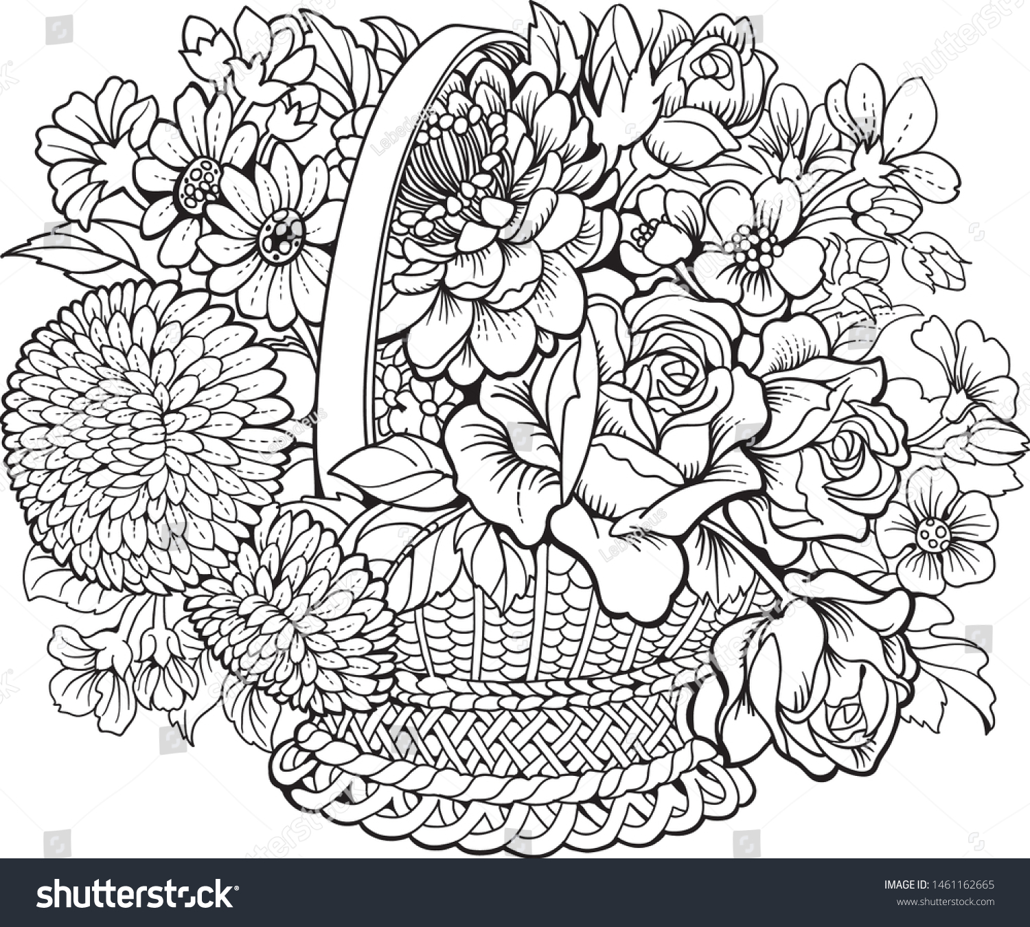 Hakuun basket different flowers coloring page liittyvã vektorikuva rojaltivapaa