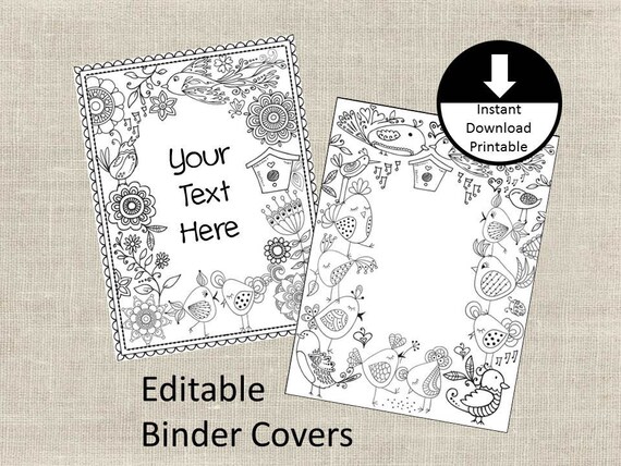 Binder covers insert doodle color page adult color page school student teacher editable binder cover printable set of flowers birds