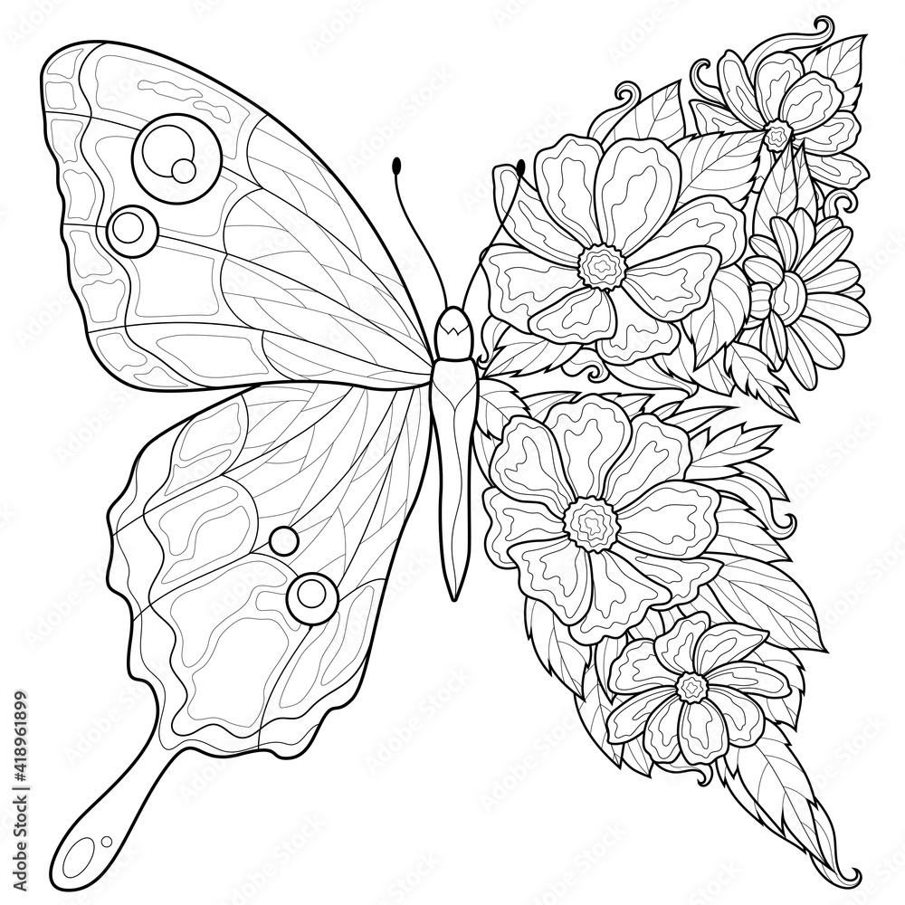 Butterfly and flowerscoloring book antistress for children and adults illustration isolated on white backgroundzen