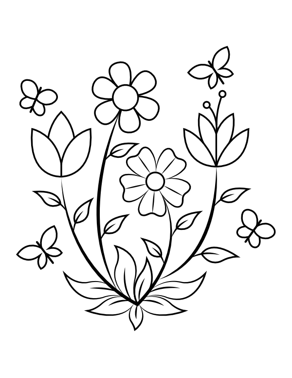 Printable flowers and butterflies coloring page