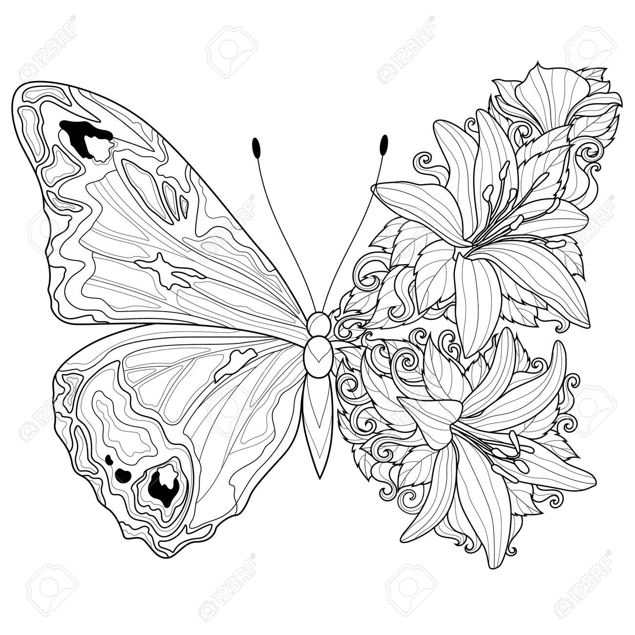 Butterfly with flowers coloring book antistress design for children and adults royalty free svg cliparts vectors and stock illustration image