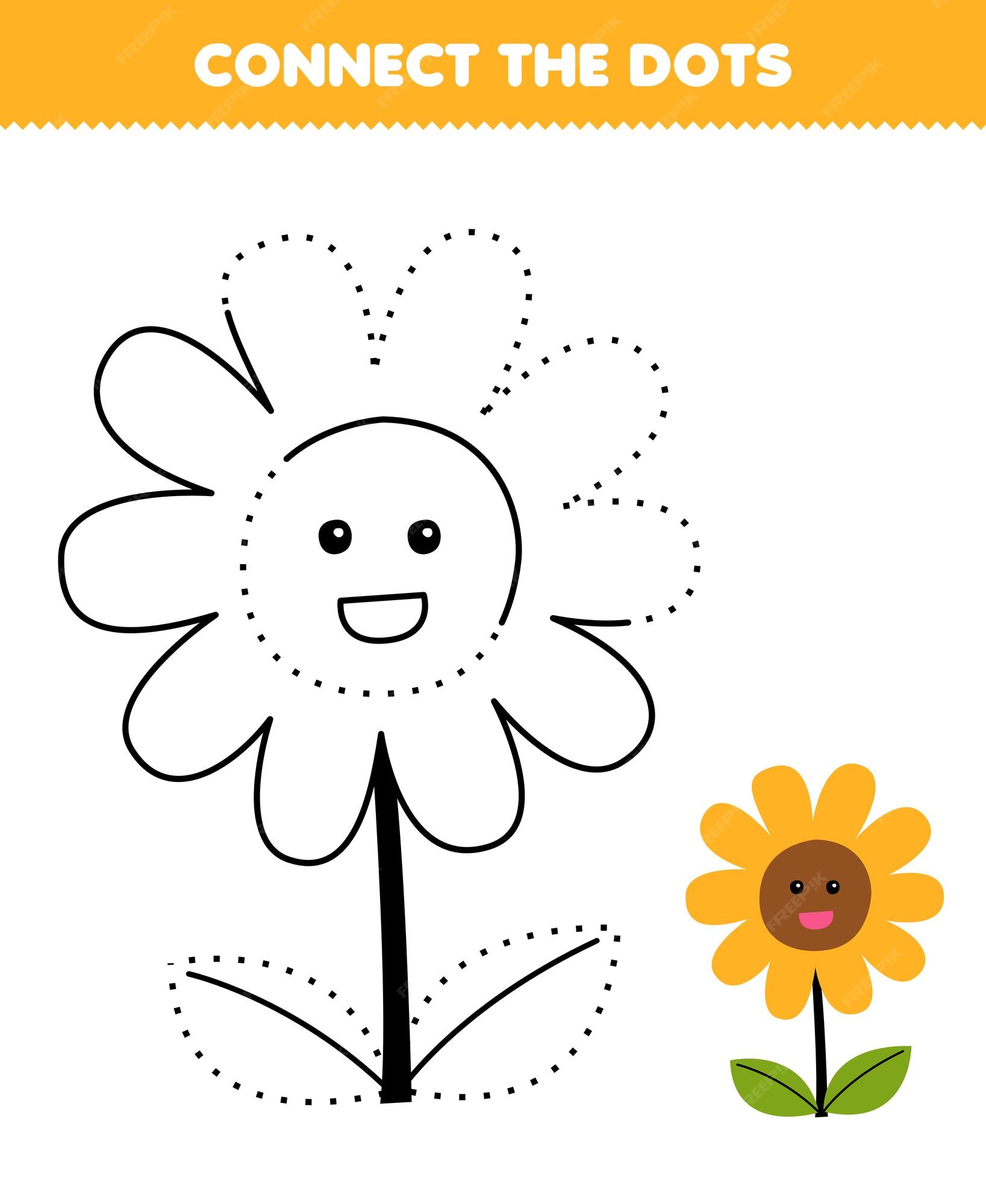 Premium vector education game for children connect the dots and coloring practice with cute cartoon flower printable nature worksheet