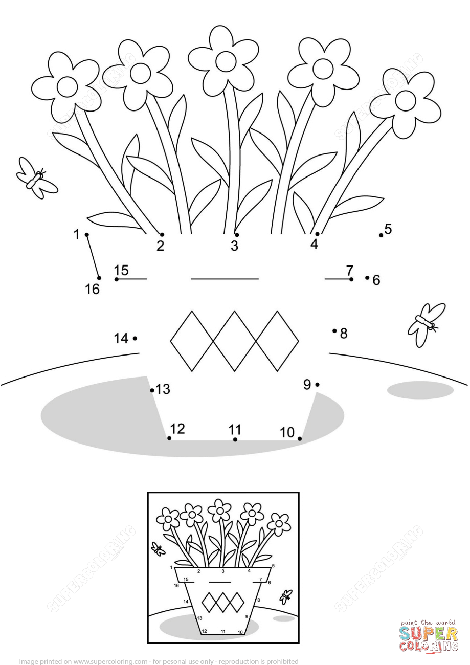 Flower pot and butterflies dot to dot free printable coloring pages