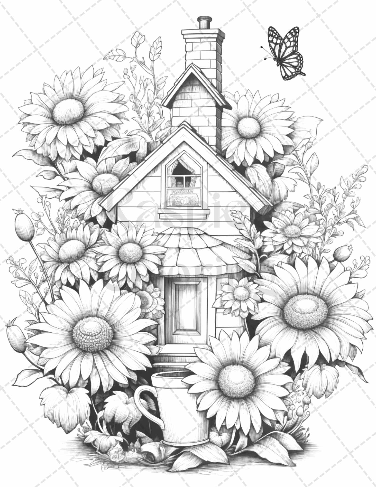 Flower houses grayscale coloring pages printable for adults pdf fi â coloring