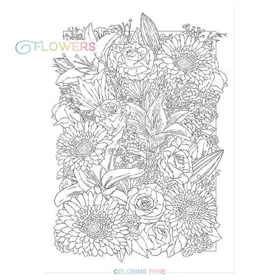 Flowers coloring page floral adult coloring page spring bouquet botanical lineart spring flower digital download pdf printable by jen katz instant download