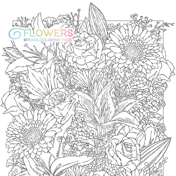 Flowers coloring page floral adult coloring page spring bouquet botanical lineart spring flower digital download pdf printable by jen katz instant download