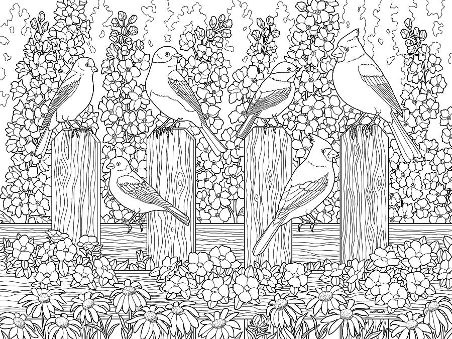 Birds in flower garden coloring page painting by crista forest