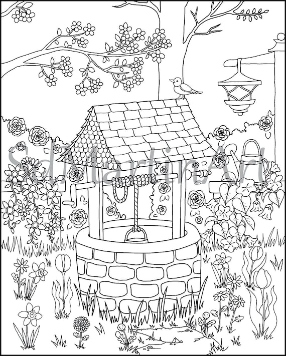 Flower garden wishing well printable adult coloring book page for adults and kids coloring sheet coloring designs instant download