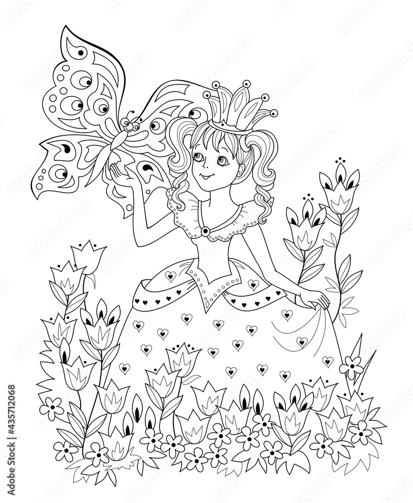 Black and white page for kids coloring book illustration of beautiful little princess in spring flower garden with butterfly printable worksheet for girls sheet for drawing and meditation vector