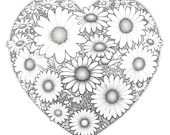 Daisy heart coloring page printable floral design for relaxation and creativity