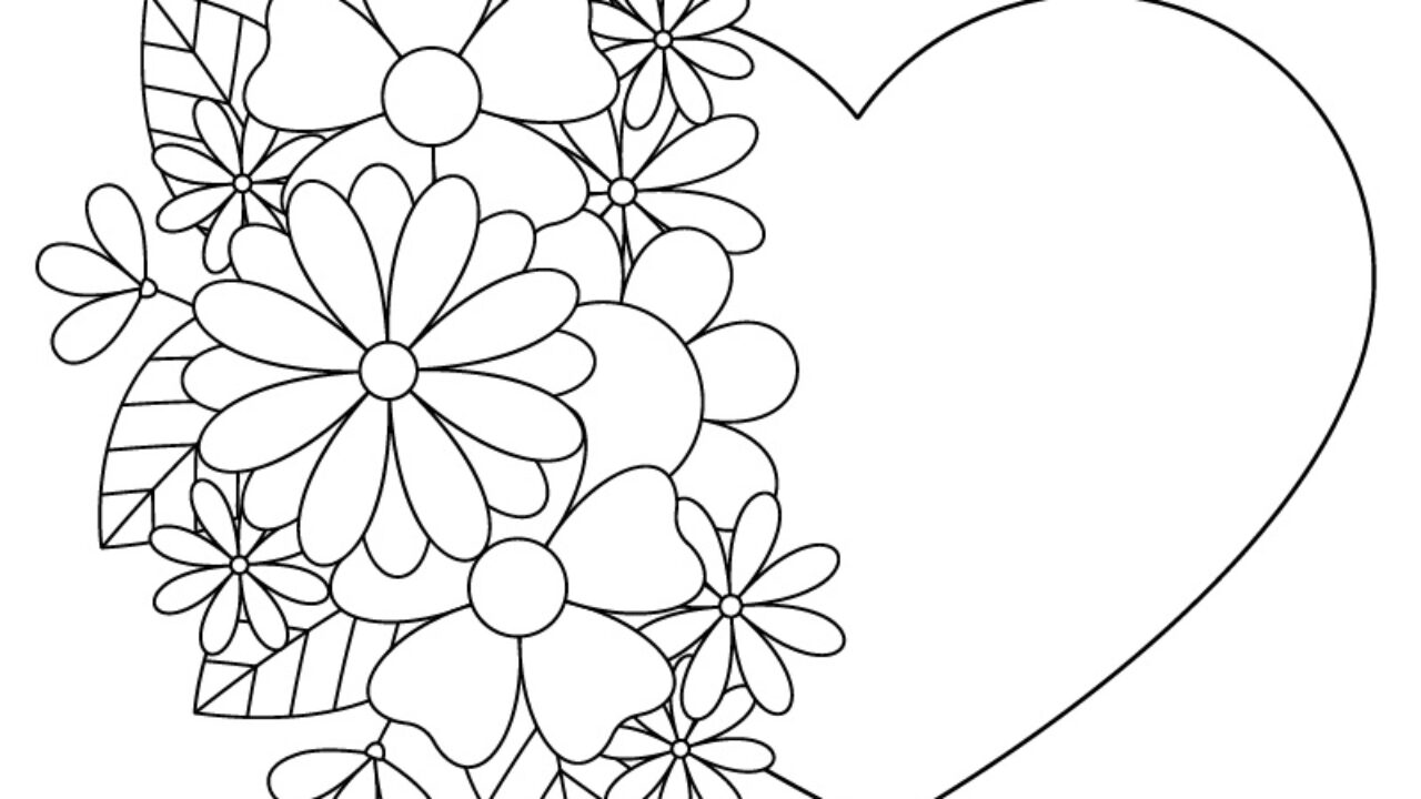 Printable heart with flowers coloring page