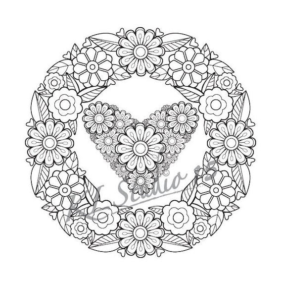 Coloring page flowers heart instant download relax mandala designs to color for adults to print and color