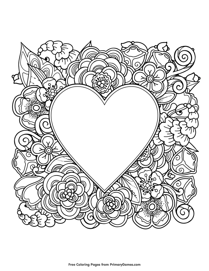 Heart with flowers coloring page â free printable ebook valentine coloring pages heart coloring pages love coloring pages