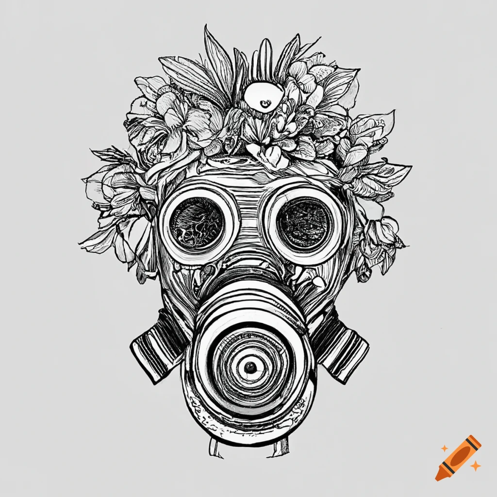 Adult coloring book page of a gas mask with flowers as a line drawing on