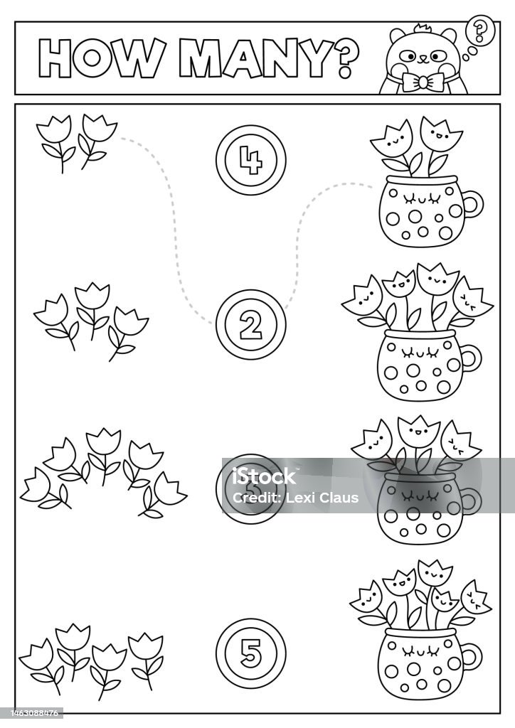 Spring black and white matching game with cute kawaii tulips in cup garden math activity for kids educational printable easter counting worksheet or coloring page with cartoon flowers in pot stock illustration