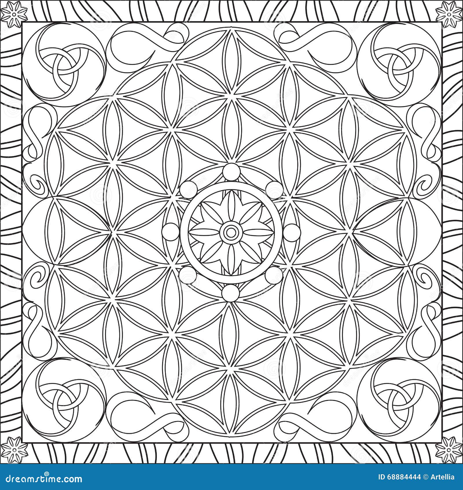 Coloring page book for adults square format flower of life mandala design vector illustration stock vector