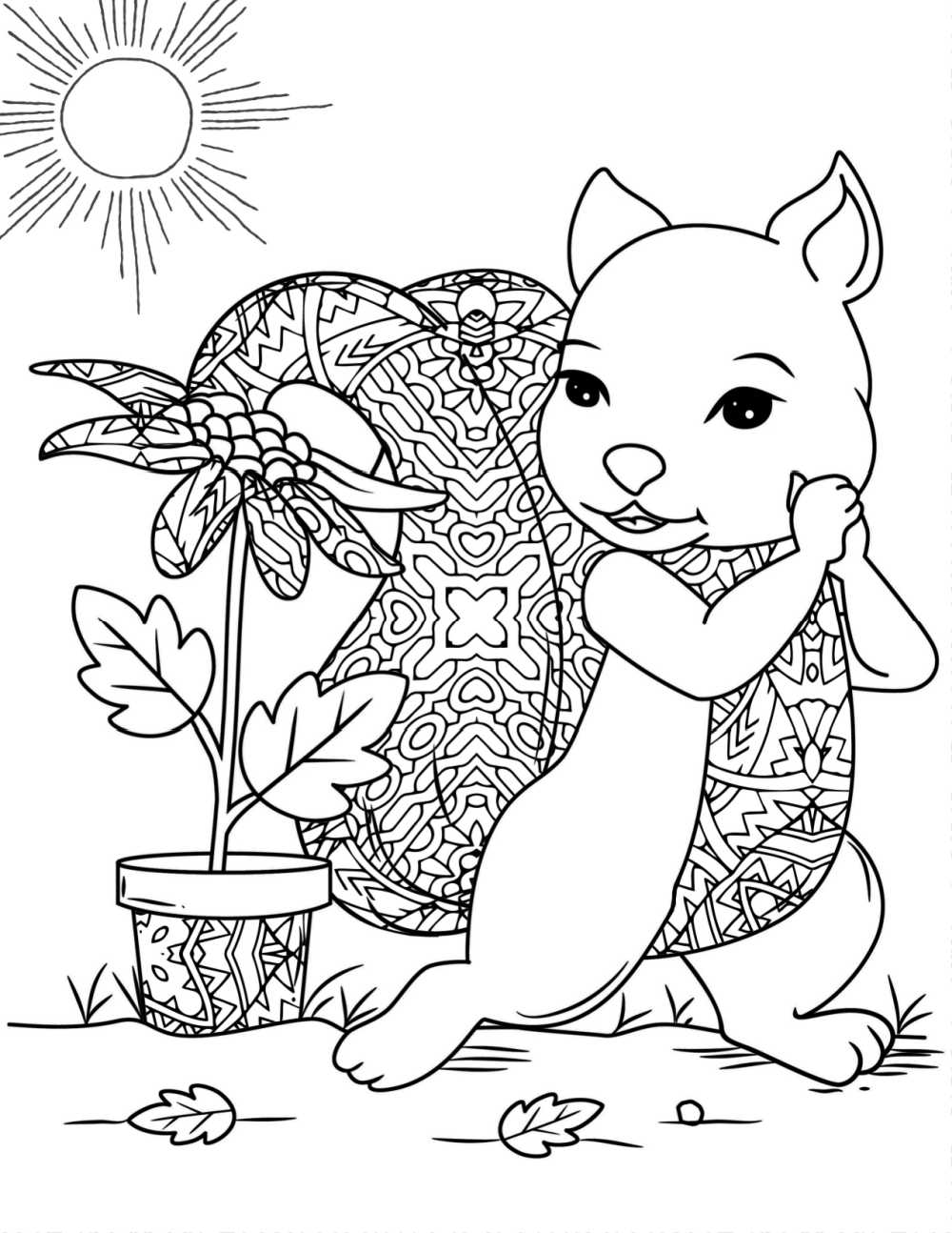 Free printable squirrel and flower pot coloring page