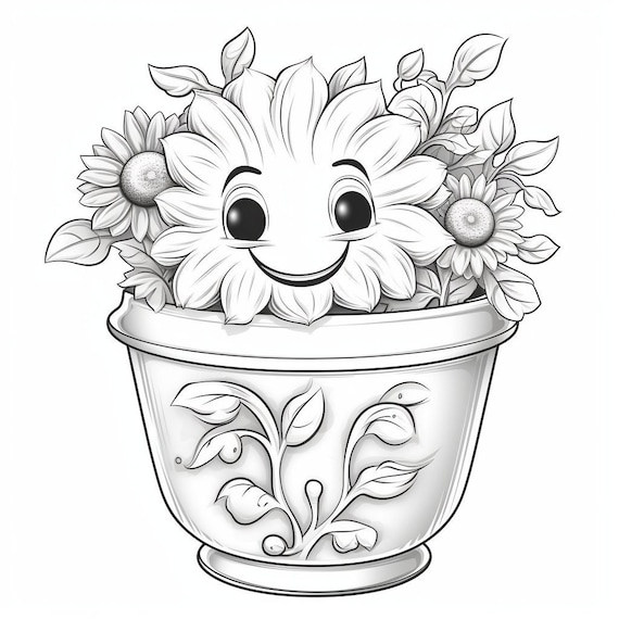 Smiling blooms flower pot coloring pages filled with joy and positivity print paint for instant download pdf download now