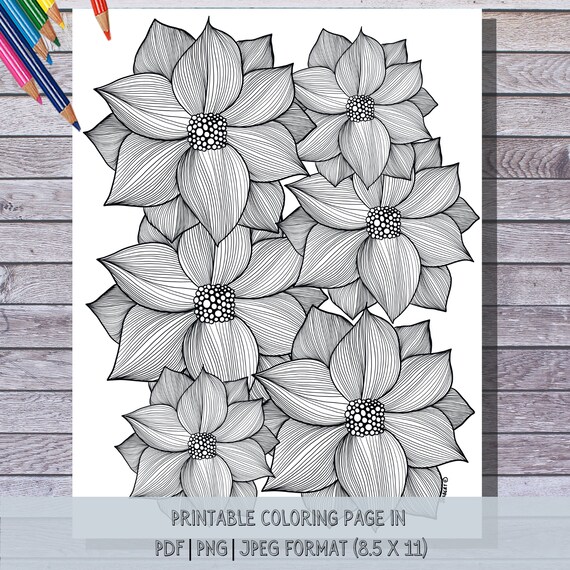 Flower power coloring page instant digital pdf download hand illustrated printable coloring page