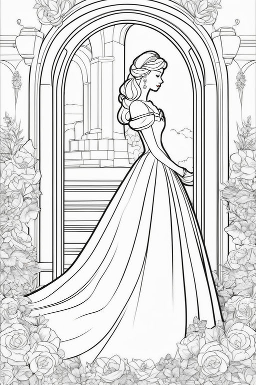 Coloring page of a beautiful princess in a wedding dress