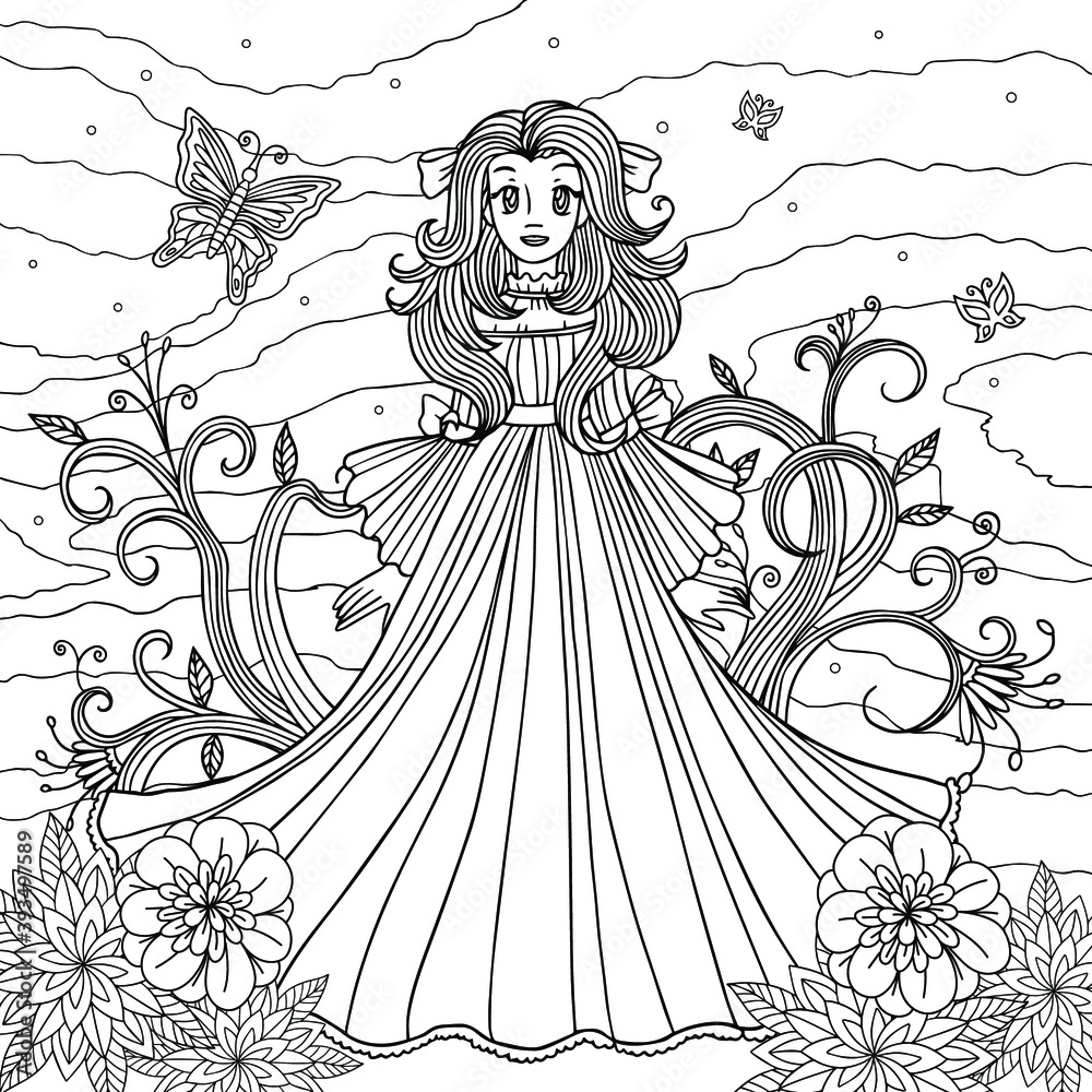 Beautiful princess in long dress standing in wonderland gardencoloring page of lady with flowers and butterflies vector line art for coloring book for adults with doodle and zentangle elements vector