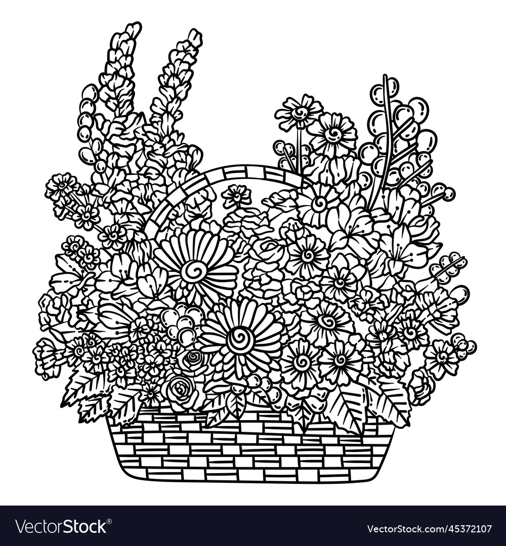 Basket of flowers spring coloring page for adults vector image