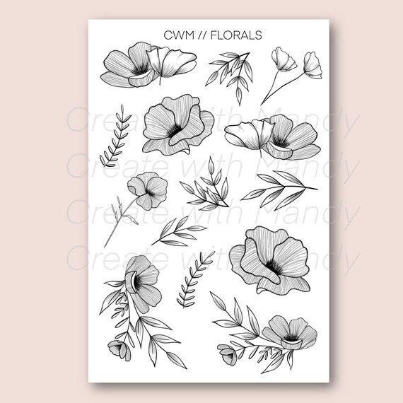 Floral line art sticker sheet planner stickers flower stickers kraft paper