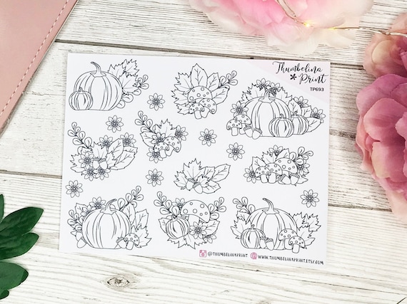 Autumnfall floral planner stickers in black and white decorative functional planning pumpkins journal stickers floral stickers