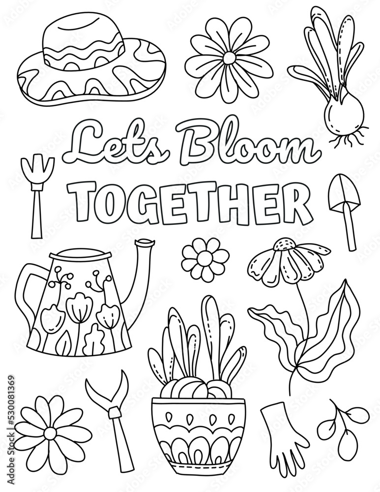 Positive inspirational hand drawn coloring pages for kids and adults beautiful drawings with patterns and details coloring book pictures with blooming branches flowers stickers quotes vector