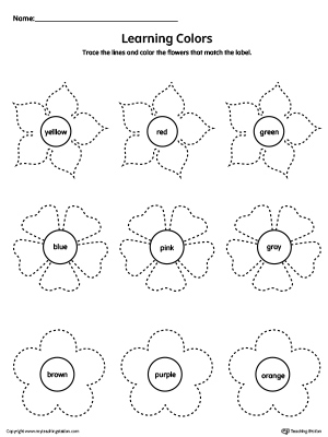Free learning colors and tracing flowers worksheet