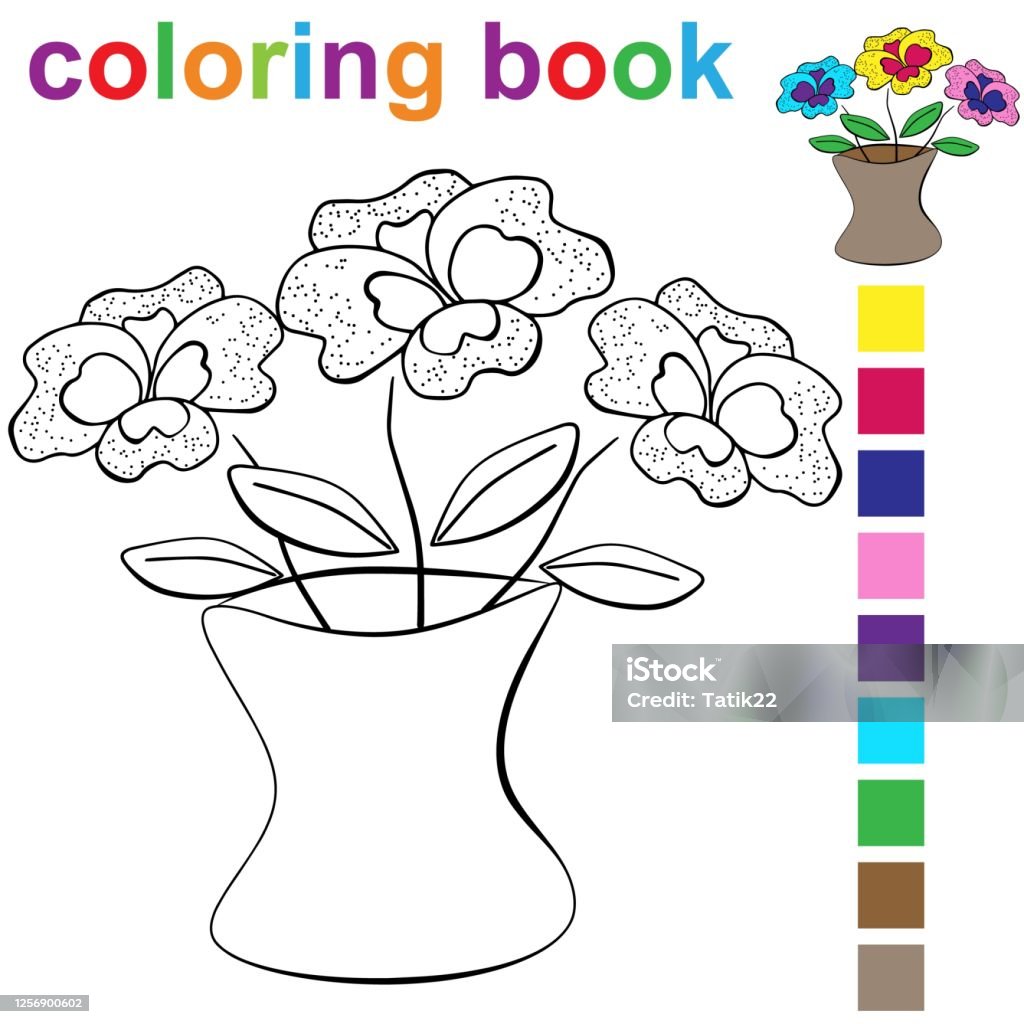 Coloring book page template with a vase of flowers for kids stock illustration