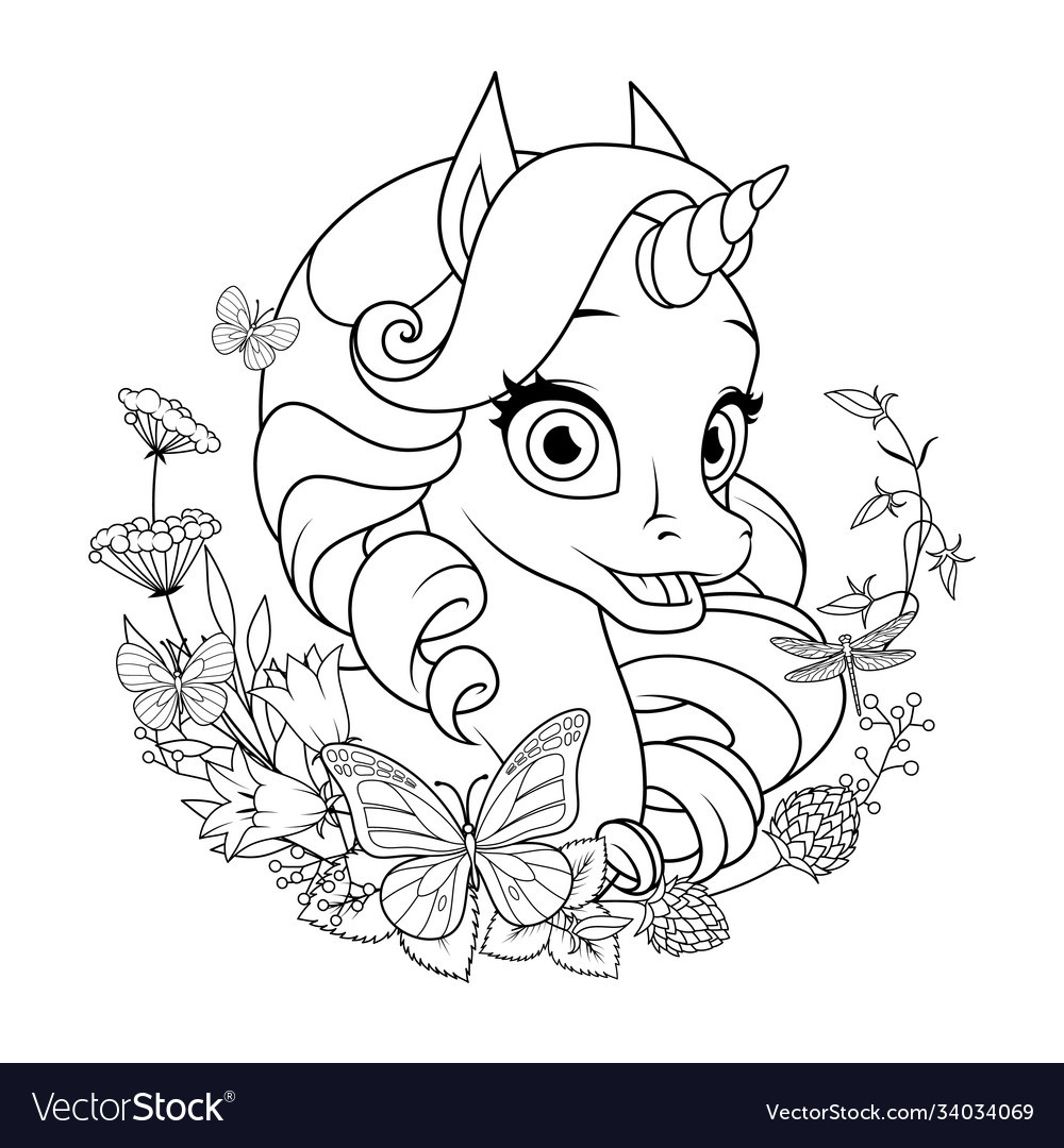 Unicorn with flowers and butterflies coloring page