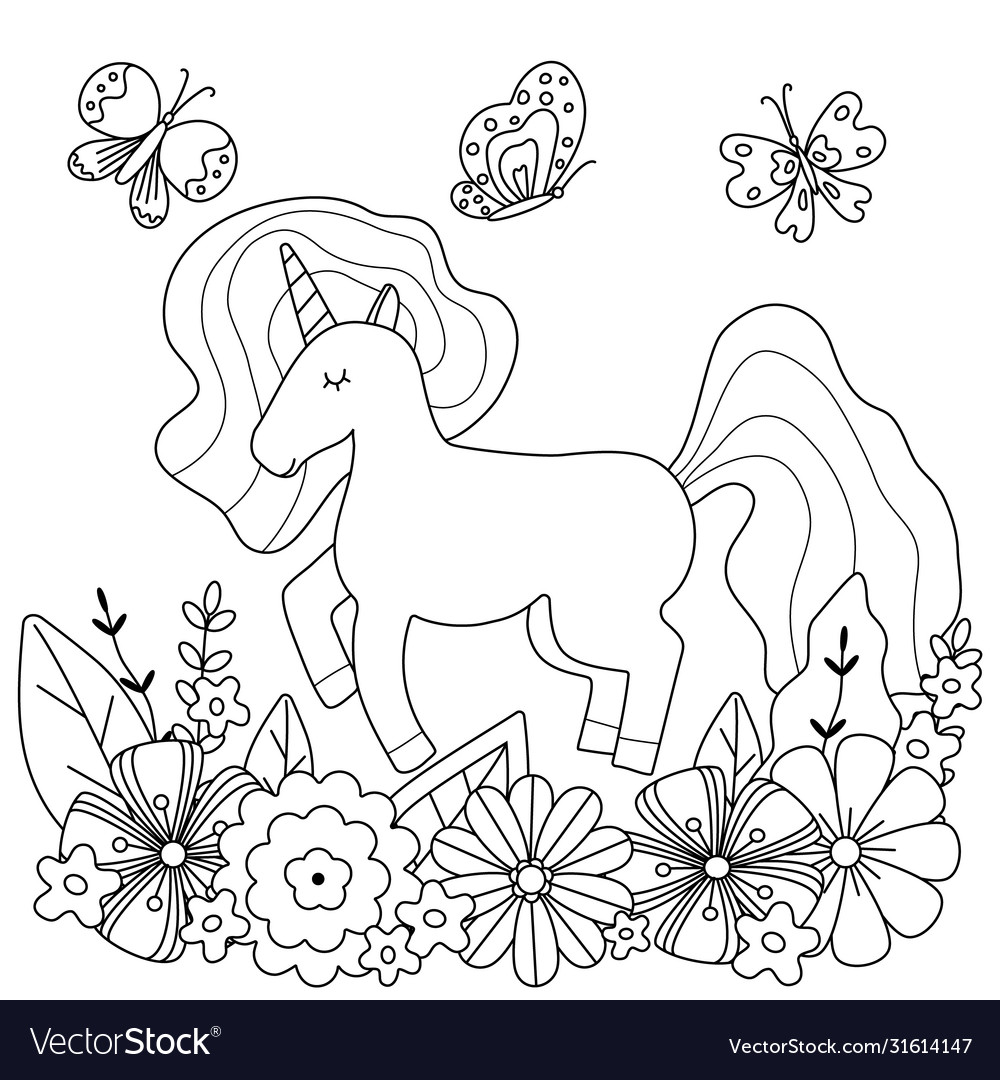 Kids coloring page with cute unicorn and flowers vector image