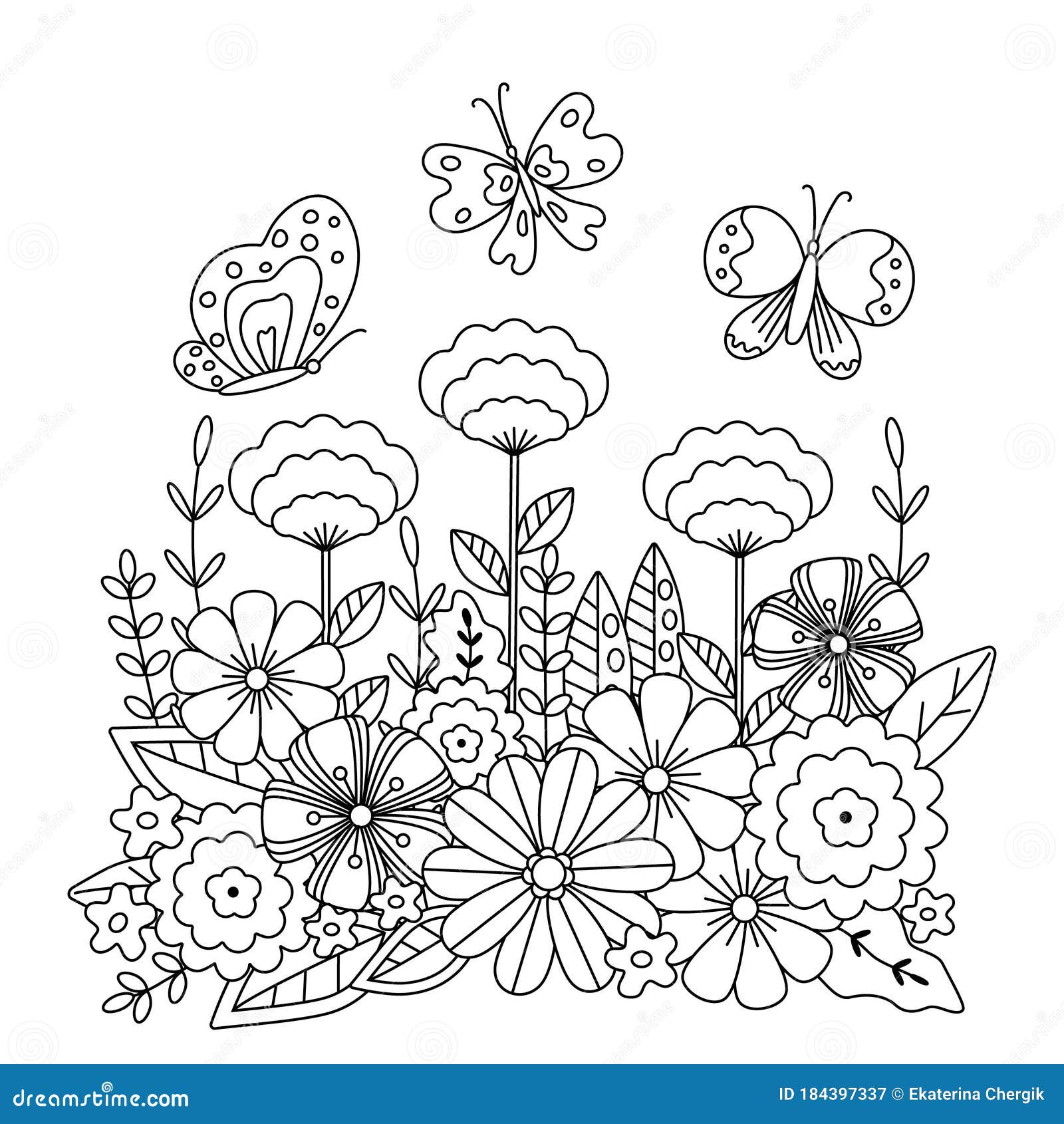 Childrens coloring book with butterfly and flowers stock vector