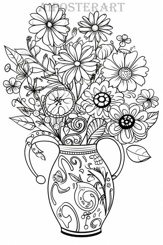 Flowers in a vase coloring page for adults and kids printable coloring sheet two handled vase of flowers high res x pixels download now