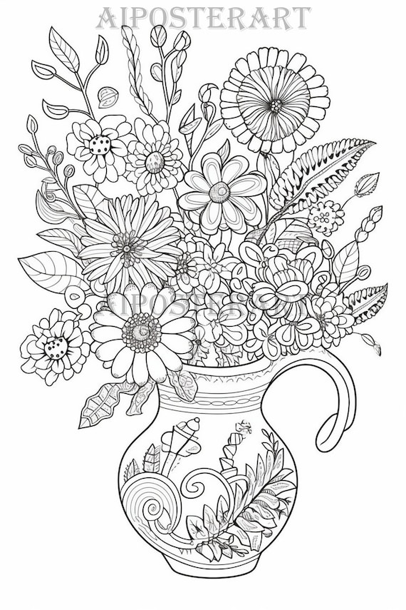Flowers in a jugvase coloring page for adults kids printable coloring sheet bouquet of flowers high resolution x pixels