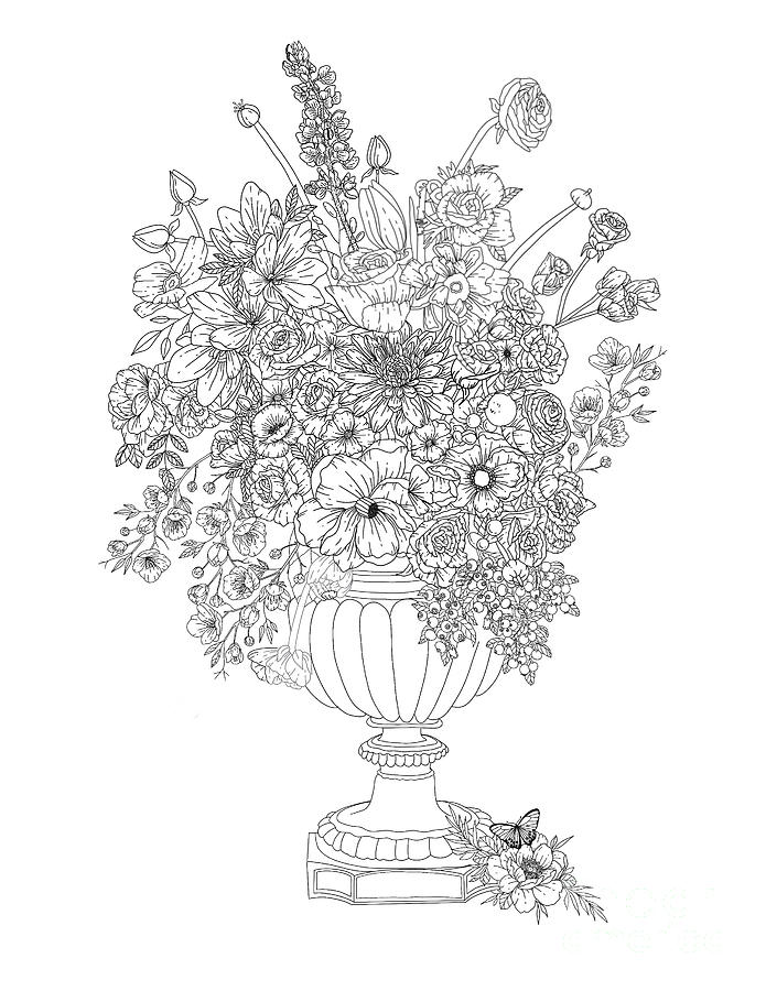 Floral fantasy flower vase coloring page drawing by lisa brando