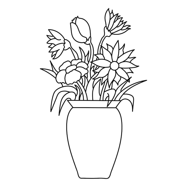 Premium vector vector bouquet of flowers in a vase coloring page for kids